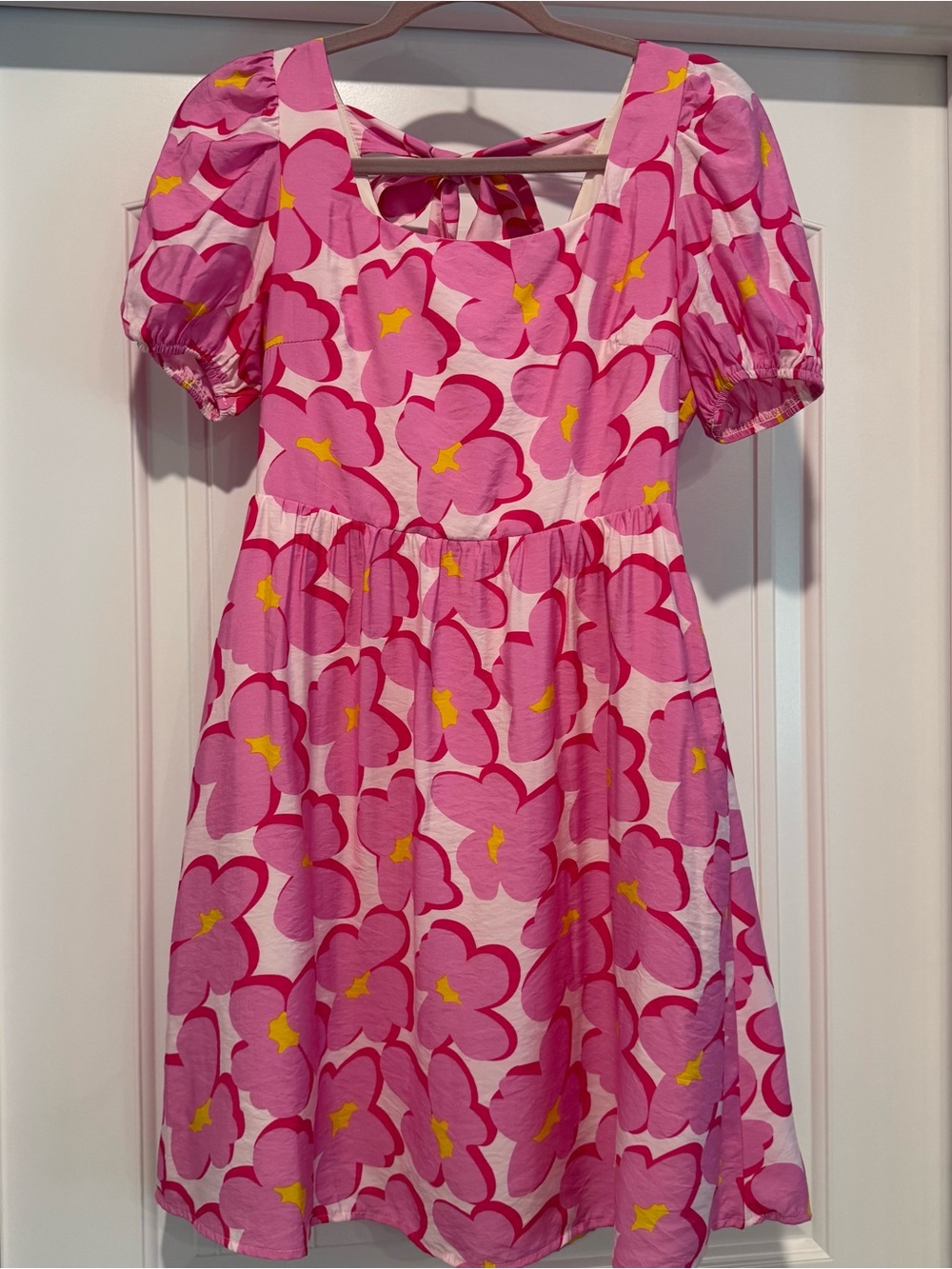 Love Pink Floral Puff-Sleeve Mini Dress with Yellow Centers